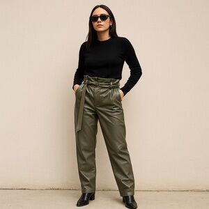 Bacio Olive Green Faux Leather Cotton Blend Paper Bag Waist Pants Women’s Large